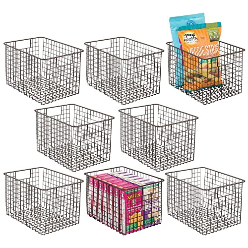 mDesign Farmhouse Decor Metal Wire Food Storage Organizer, Bin Basket with Handles for Kitchen Cabinets, Pantry, Bathroom, Laundry Room, Closets, Garage, 12" x 9" x 8" - 8 Pack - Bronze