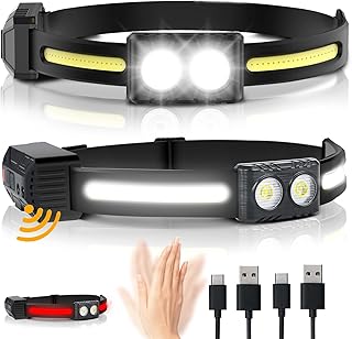 EGUKU Rechagreable Headlamp, 2Pack 1200Lumens 2COB Bright Headlamp 260°Wide Beam Headlamp 9 Light Modes Motion Sensor Red Headlmp Flashlight with Clips 3.8oz Lightweight for Hardhat Running Camping