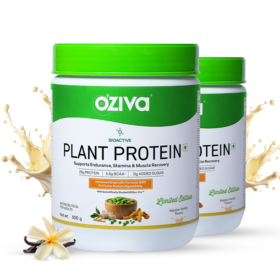OZiva Bioactive Plant Protein (Malabar Vanilla) | 25g Protein,5.5 BCAA| Pea Isolate| Plant Based Protein for Women & Men | Essential Amino Acids| Vegan Protein, Clean, Sugar free, 500g (Pack of 2)