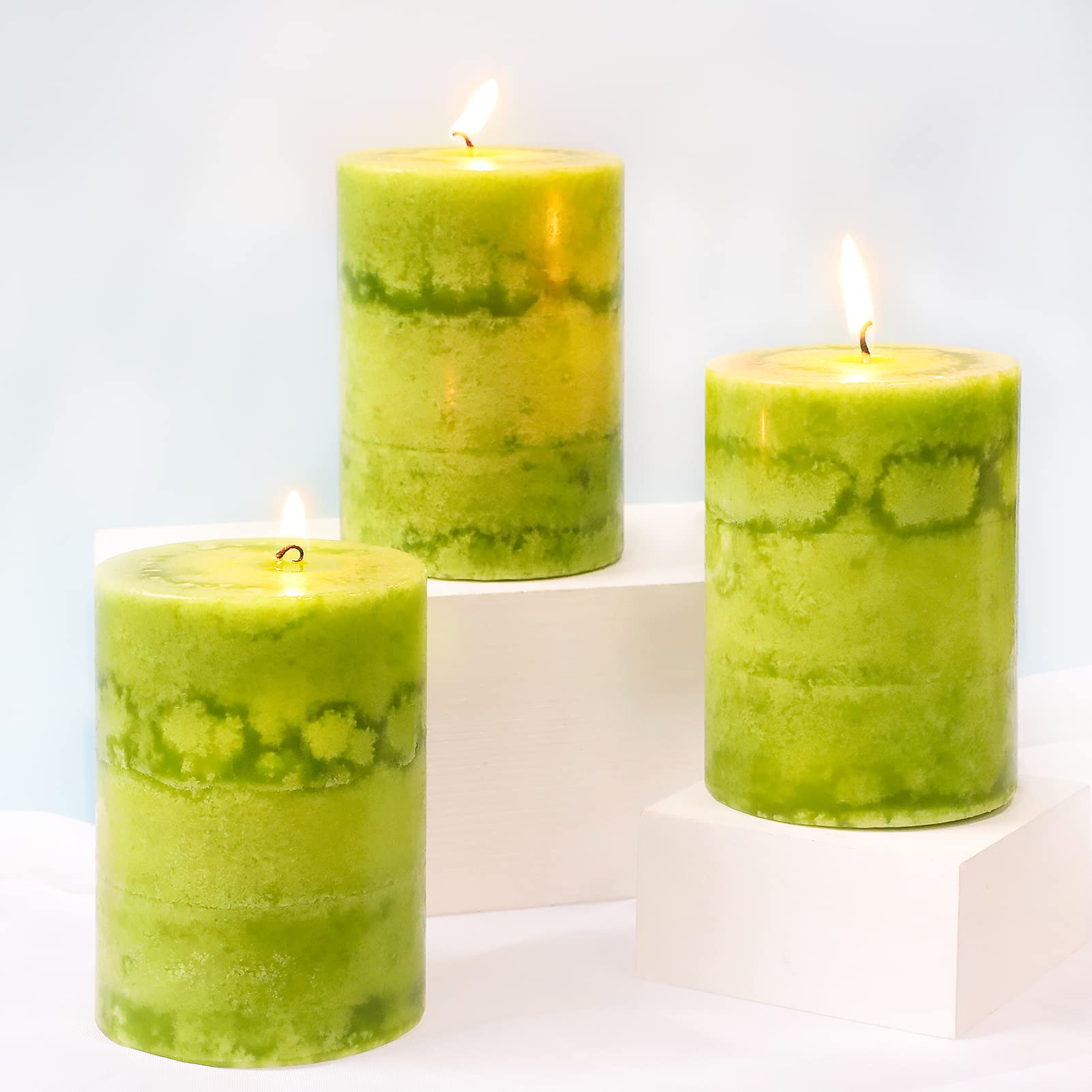 Juego de 3 velas de pilar verde perfumadas de salvia de 3 x 4 pulgadas, aromaterapia, combustión limpia, sin goteo, para mesa de comedor, bodas, vacaciones, decoración del hogar