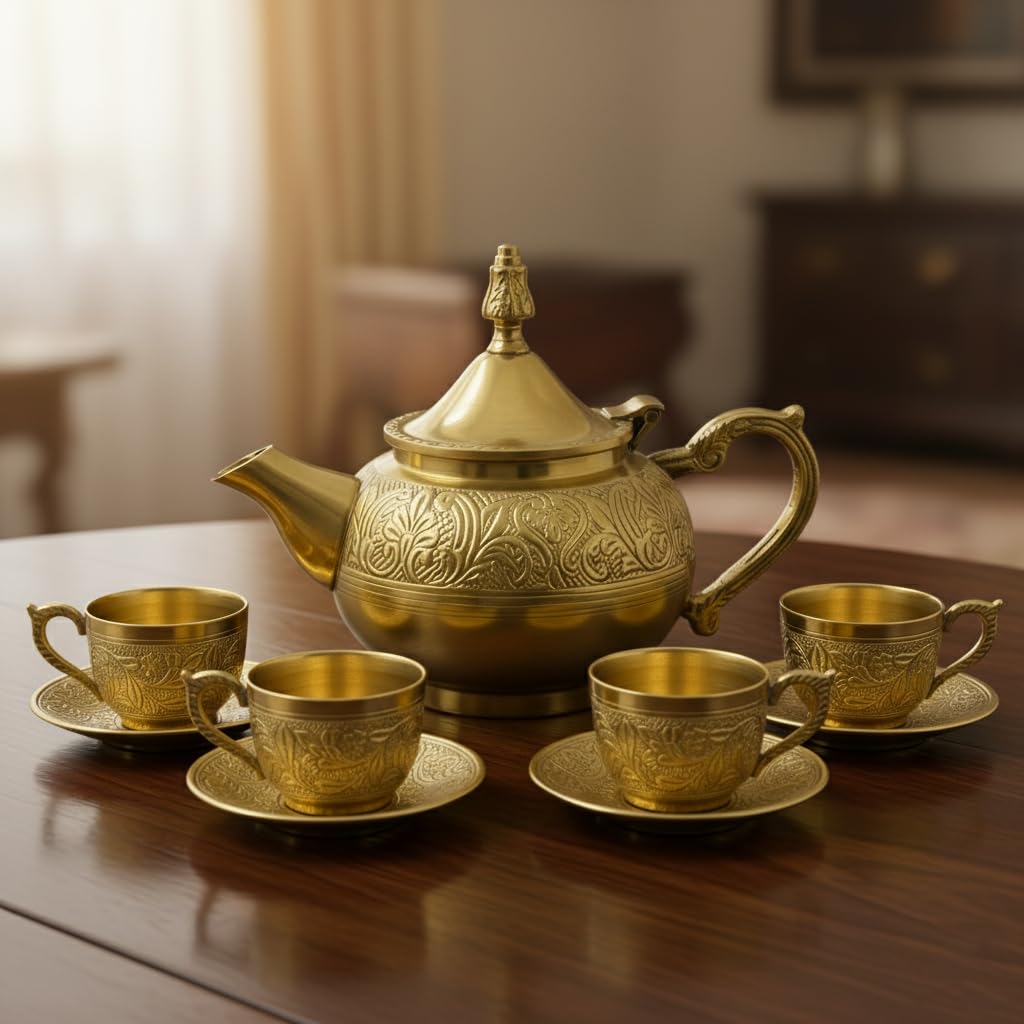 Moongil Traditional Handcrafted Brass Tea Kettle|Tea Pot|Engraved Design|Coffee Pots |Serving Tea and Coffee Beverages| Antique Look Kettle - Tea Pot with Cup and Saucer Set of (4) 4