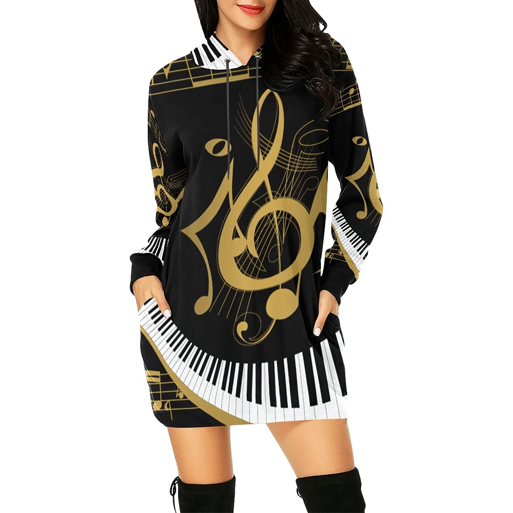 Piano Music Hoodie Dress Women's Hooded Sweatshirt Drawstring Long Sleeve Pullover