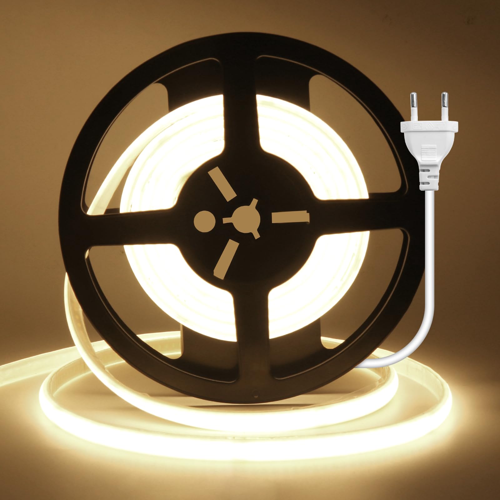 Wisada Anschluss an AC220-240V COB Stripe, Schnitt alle 10cm, Innen COB Band Selbstklebeband mit Stecker,240LEDs/m Flexible Superhell CRI≥85 LED Streifen für Weihnachten (Naturweiß，9m)