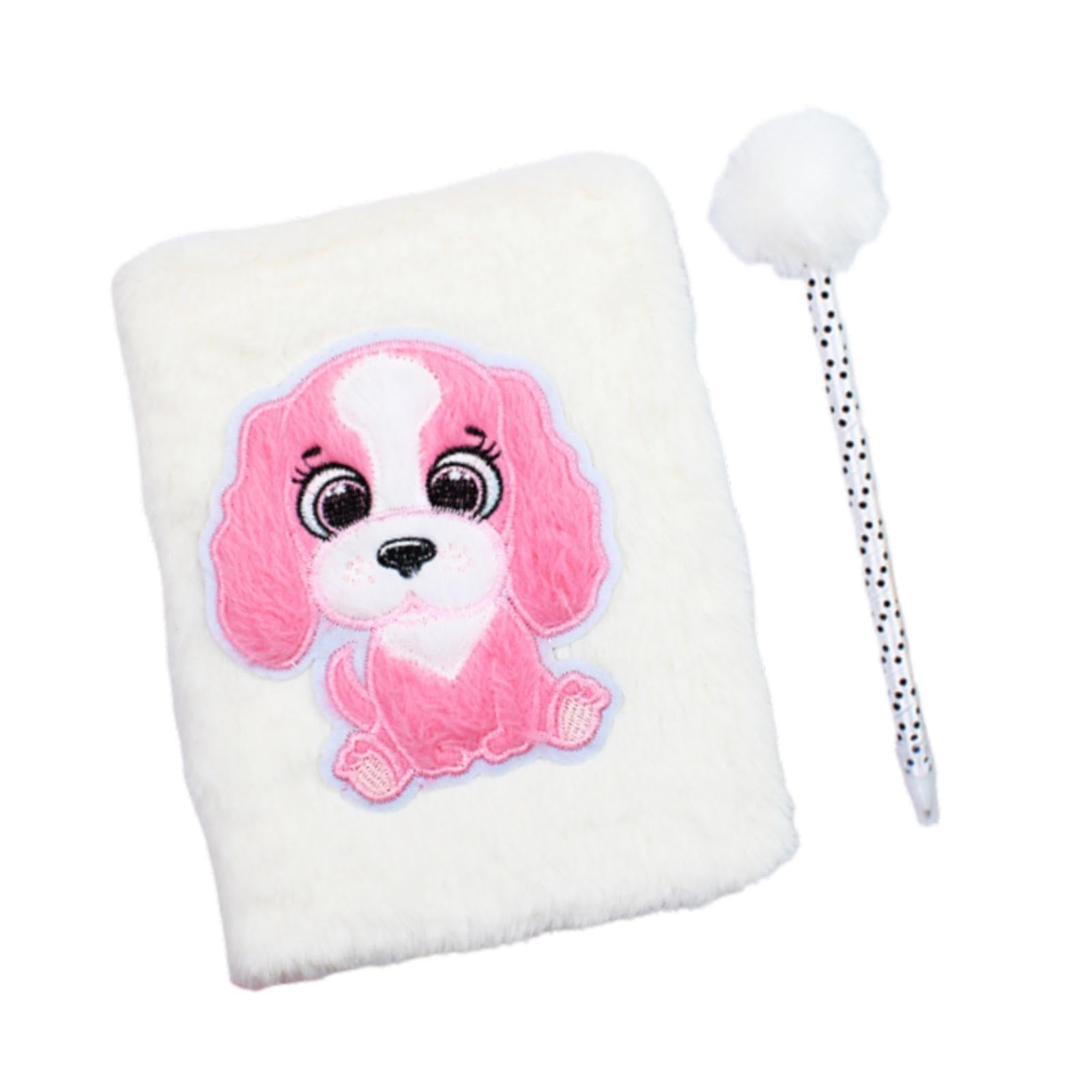Carnet Peluche Cahier Agenda Carnet de Notes Couverture Douce Peluche Yeux Mobiles Brodés Écriture Lisse Stylo Adapté pour Maison École Cadeau Enfant, Chiot Blanc