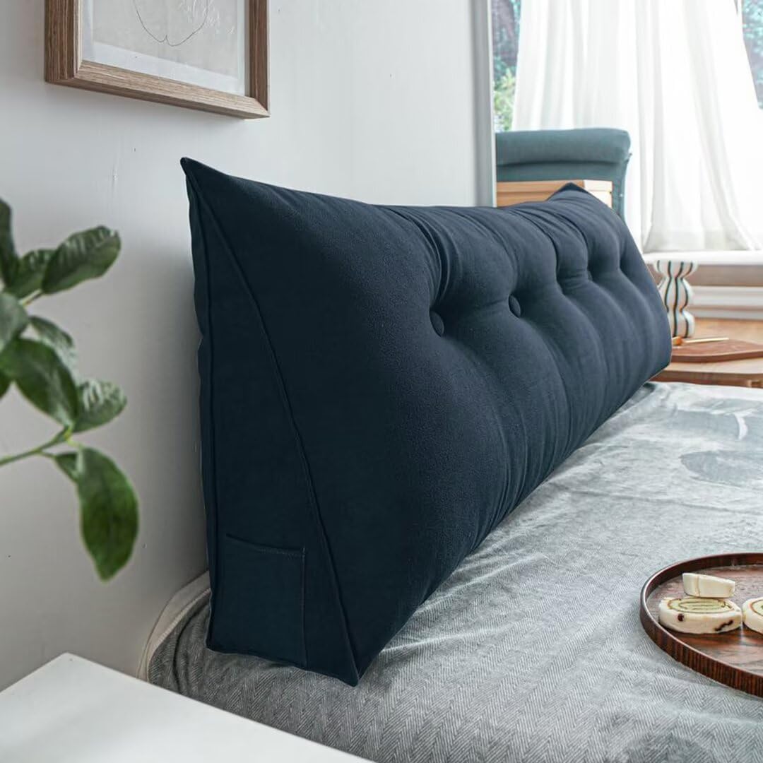 Triangular Reading Bed Rest Pillow with Side Pocket Large Bolster Cushion Headboard Backrest Wedge Pillow Twin with Detachable Cover,Navy Blue,39 * 8 * 20in