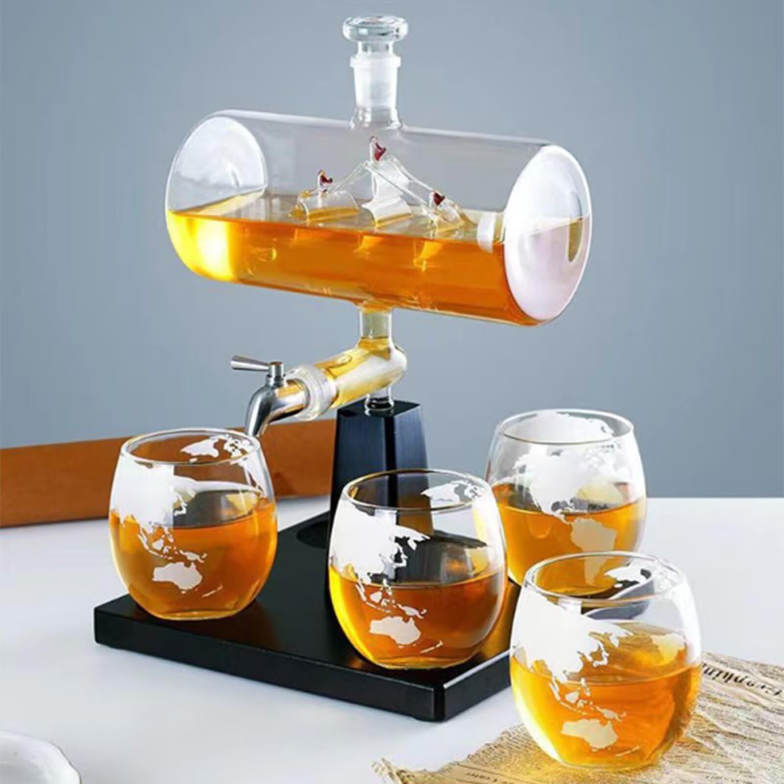 Karafka do whisky z karafką do whisky o pojemności 1000 ml, z kranem z wodą, ręcznie robiony szklany dozownik likieru z 4 kieliszkami do wina