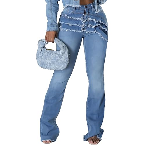 SeNight Women Bell Bottom Jeans Elastic Waist Ripped Flared Jean Destroyed Raw Hem Denim Pants