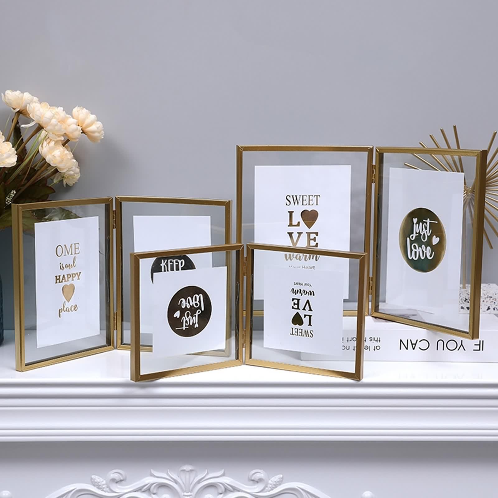 Fotorahmen 15X20, Picture Frame Gold Rechteck Doppelte Öffnungsfaltung Eisen Glas Vertikal für Tischplatte Schlafzimmer Dekoration