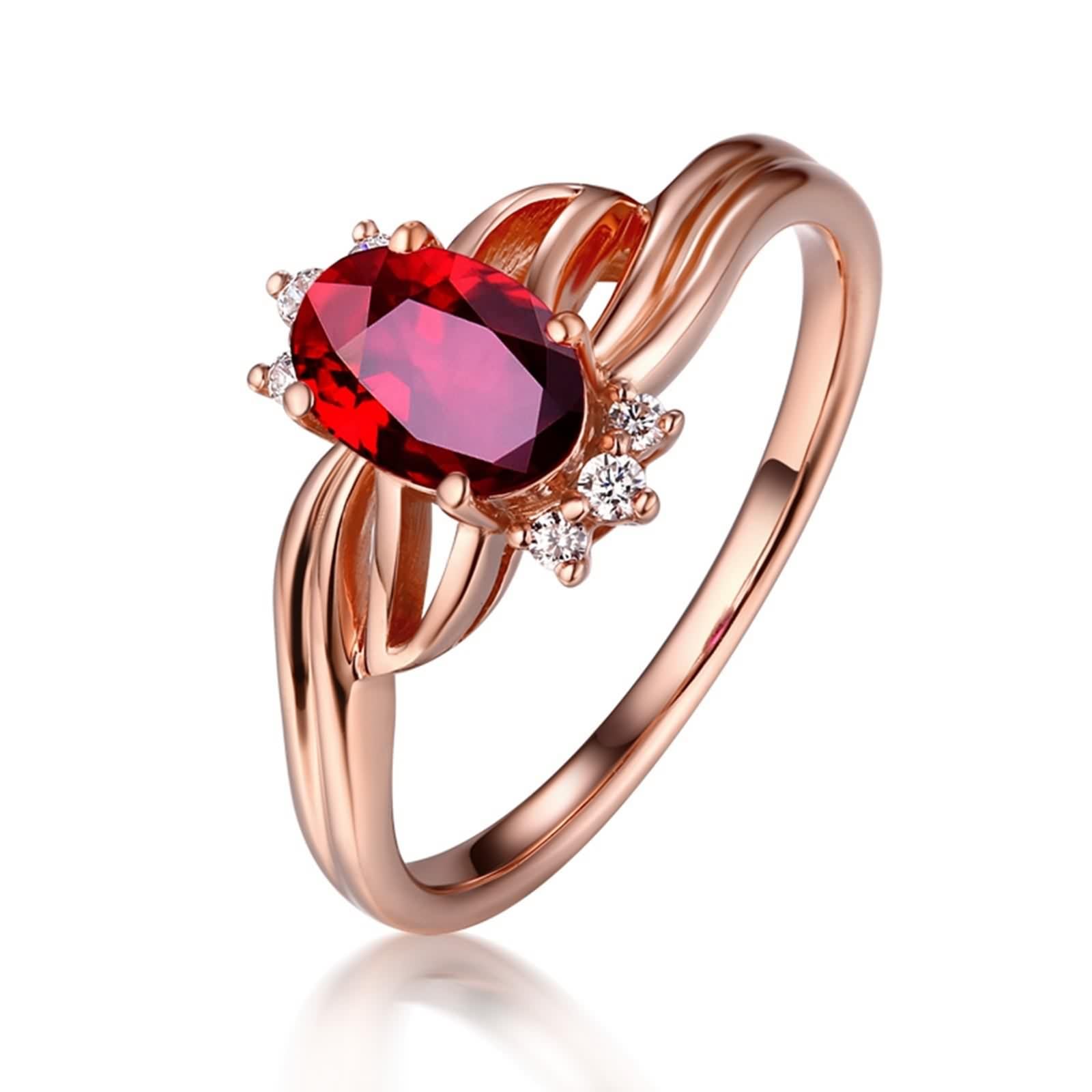 Anello rubino in vera pietra, fedi nuziali in oro 750 classico oro rosa 18 carati con rubino ovale multiriga con diamante rotondo rosso, 18 (18,5), Rubino Diamante