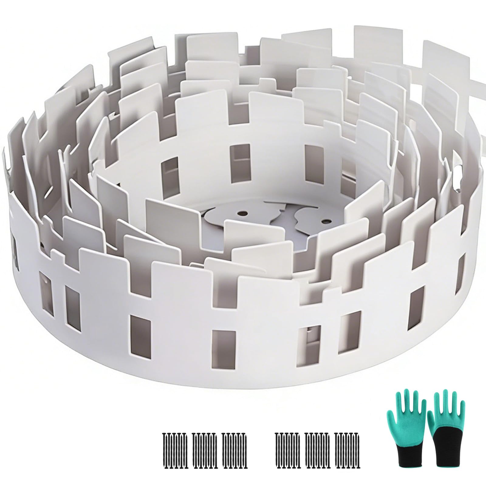 Bordure Jardin extérieur 15M Flexible, Bordure de Jardin en Plastique avec 90 Piquets d'ancrage & Gants, Bordurette de Pelouse Bordure de Gazon, Hauteur 10CM, Blanc