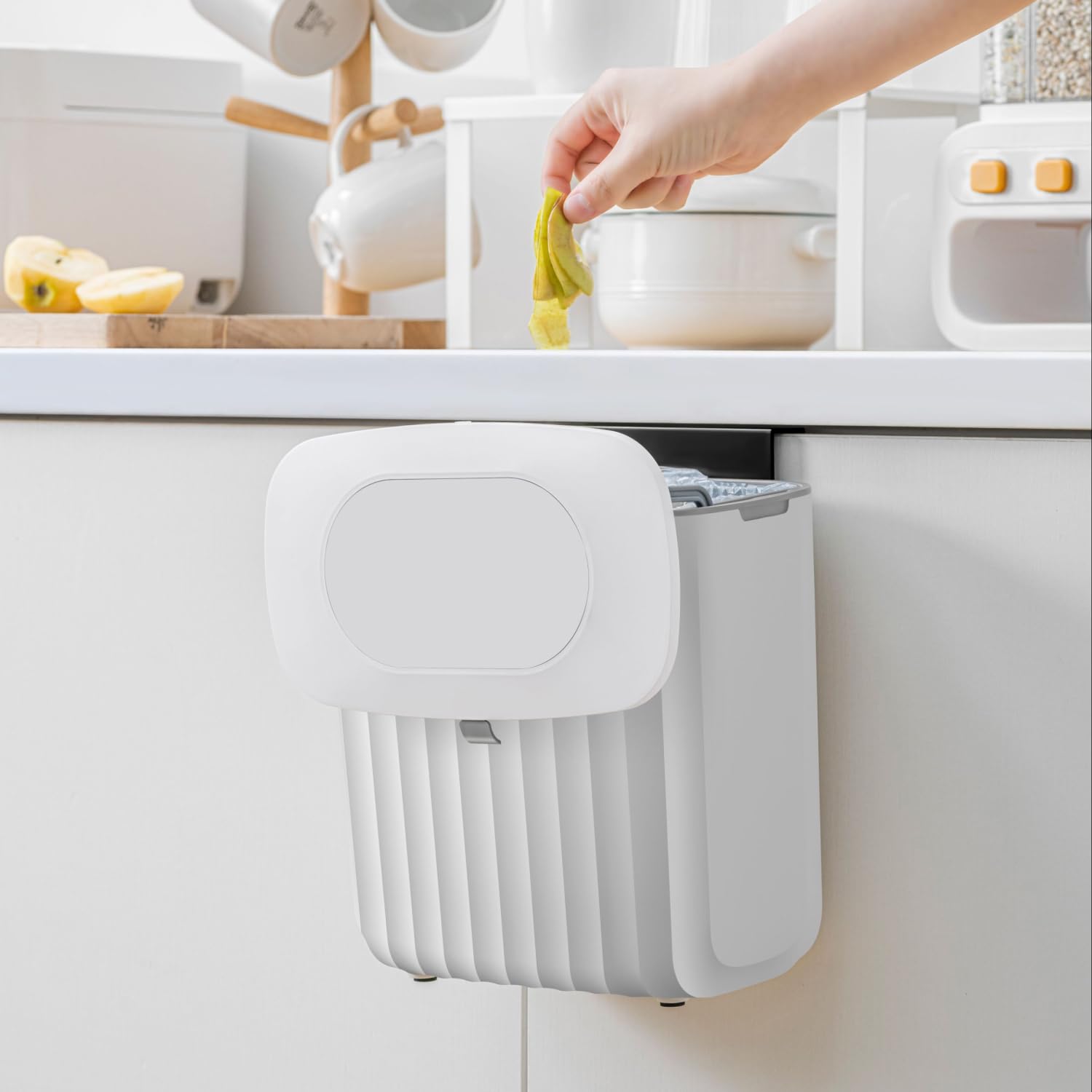 Poubelle 8L avec couvercle, poubelle suspendue pour cuisine et salle de bain, couvercle à 2 voies, montage sans perçage, PP+ABS, blanc, 25 x 15 x 25 cm