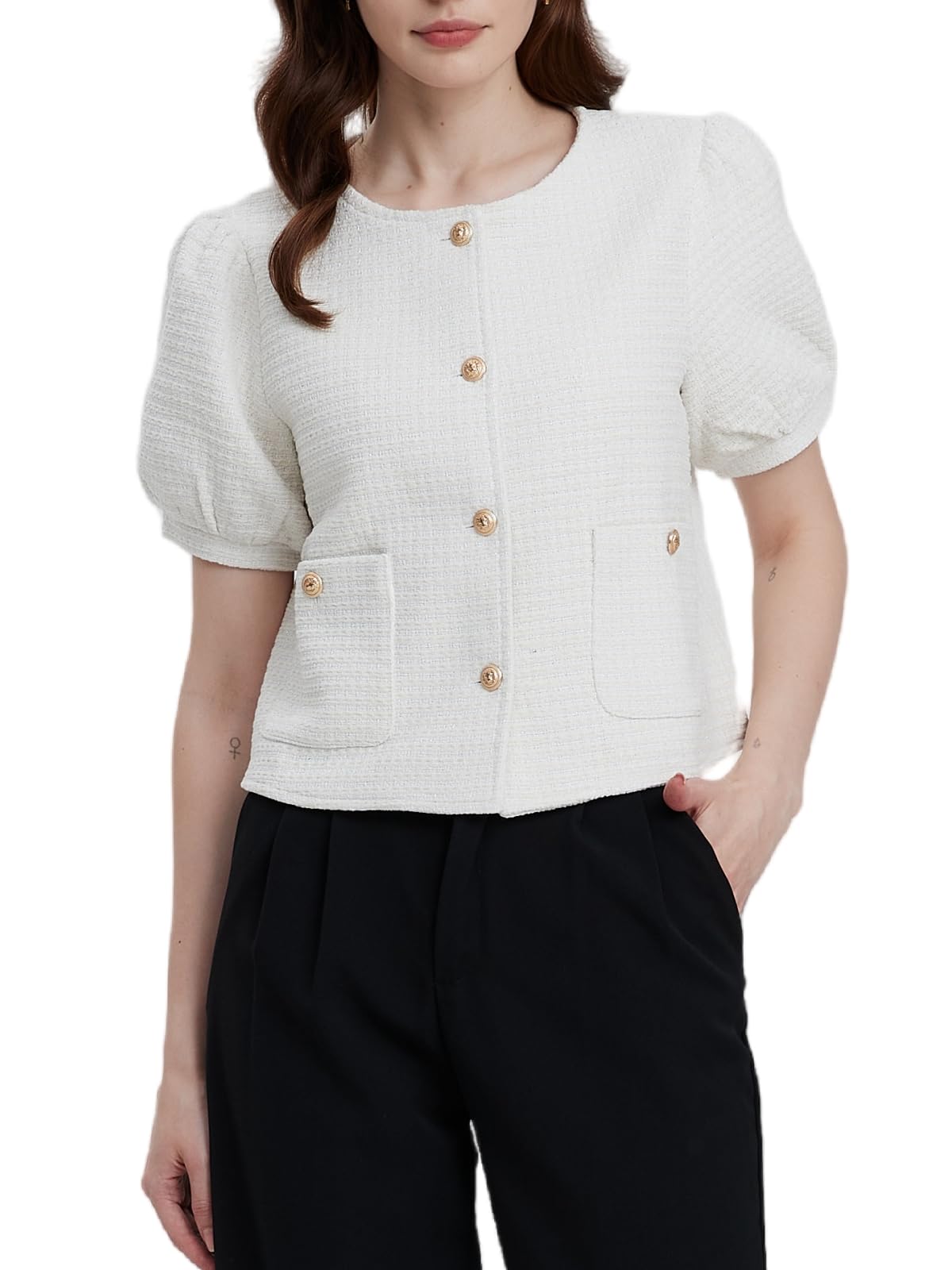 Womens Tweed Blazers Jackets Cropped Puff Short Sleeve Collarless Work Suits Coat with Pockets