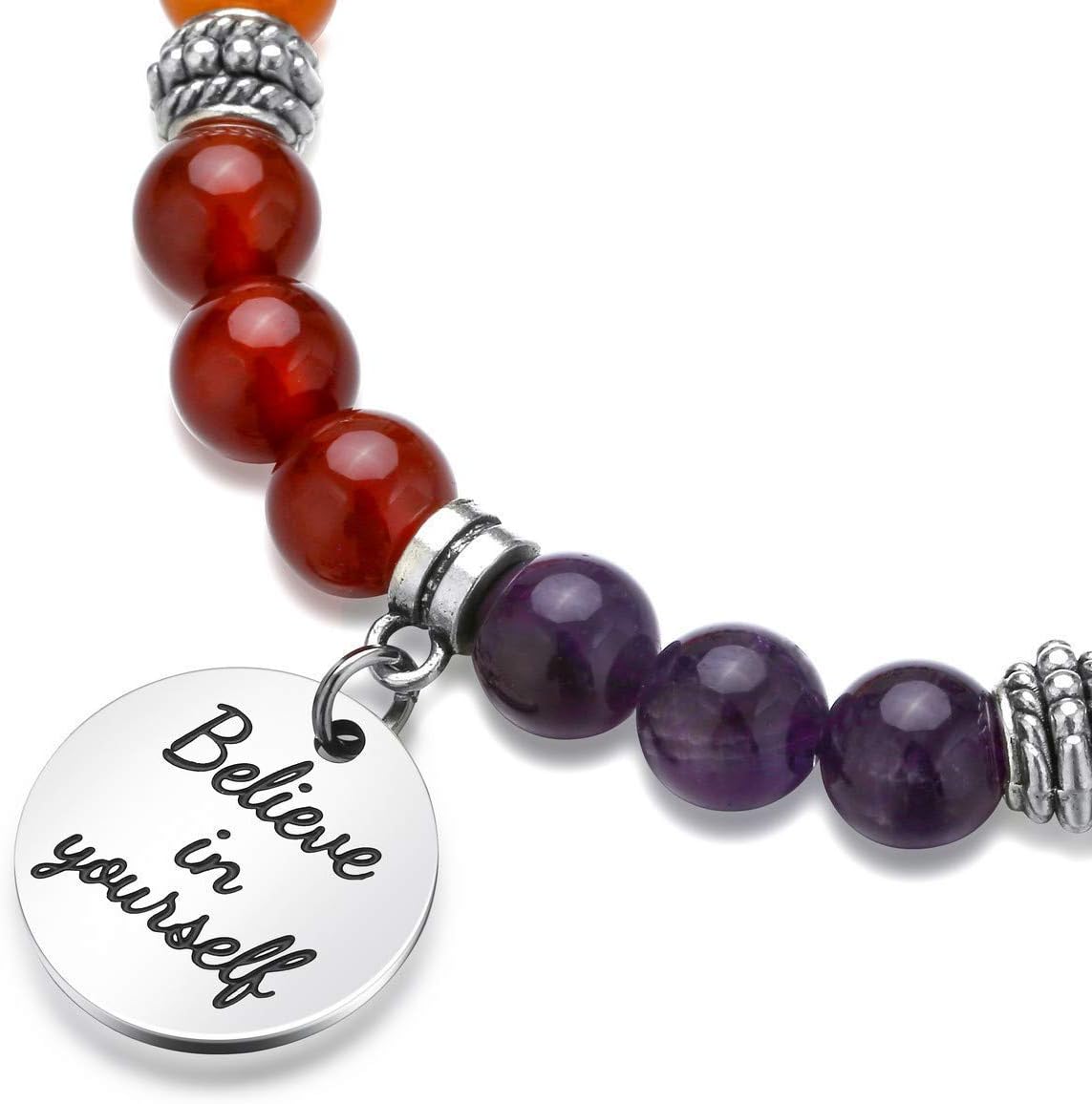 Top Plaza Bundle – 2 Items: 7 Chakra Stone Bead Bracelets Inspirational Message Charm Bracelet - Believe in Yourself & 7 Chakra Natural Stone Pendant Necklace Adjustable Resin Ammonite Fossil Spiral N