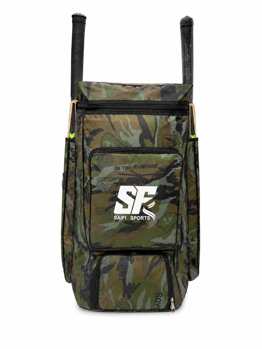 cricket kit bag backpack, camouflage print | dual bat holder, multiple compartments, on the rampage, neon accents, sports backpack