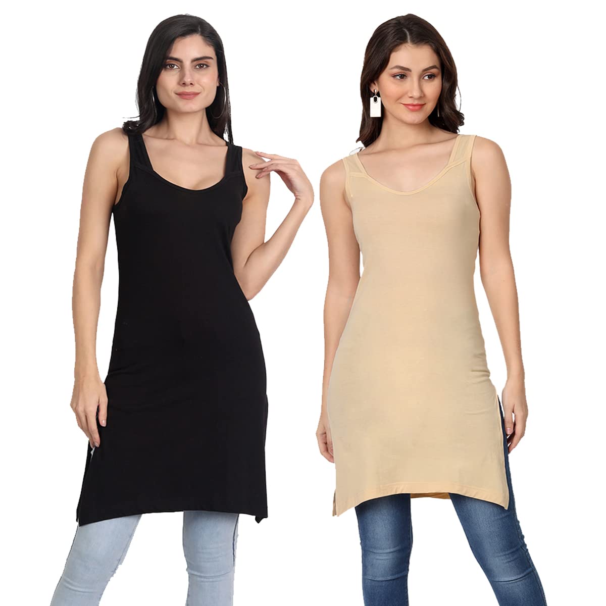 aimly Women's Cotton Sleeveless Long Kurti Camisole Slip Spaghetti Pack of 2-picture-11