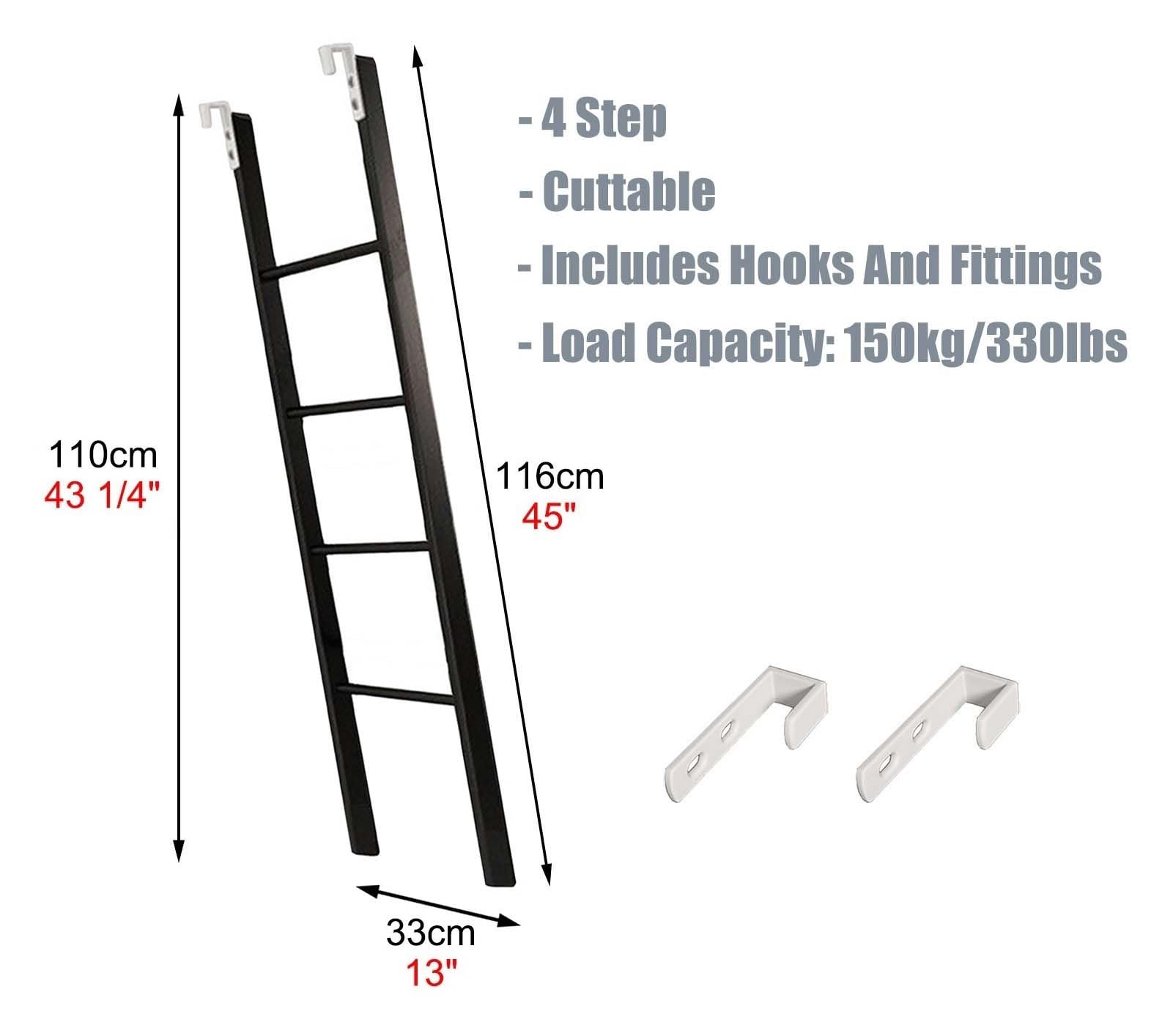 Scala a pioli per Letto a Castello sostituibile da Pavimento, 116/130/140/150/160 cm, Solo Scala per Letto Singolo Corto, scaletta in Metallo Nero per soppalco, dormitorio (116 cm