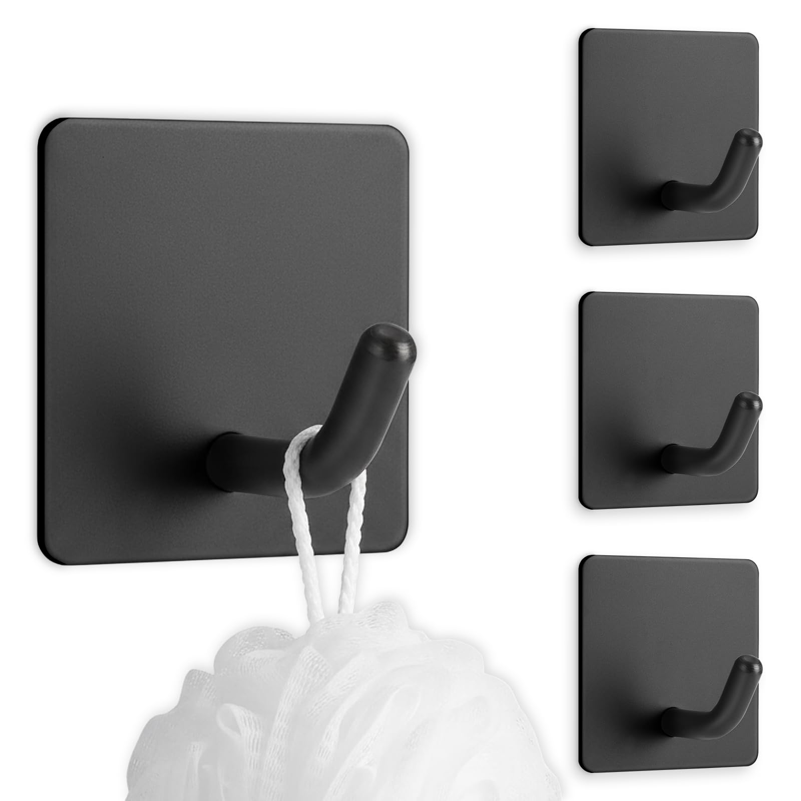 Mondoshop Self Adhesive Hooks for Hanging - Stainless Steel Stick on Hook Max 5kg, Adhesive Wall Hooks for Bathroom, Kitchen, Black, 4 Pack
