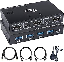 ES-Tune KVM Switcher, 2 in 1 Output, HDMI Monitor, USB Switcher, 2 Inputs and 4 Outputs, USB Hub, Manual Type, No Power Supply, Uses Type C Terminal, USB 2.0, USB Cable Included, KVM Switch, Switcher