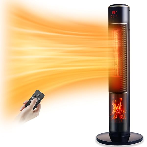 Portable Electric Space Heater for Large Room 37" Ceramic Tower Heater with 3D Flame for Room Heating,Oscillating,Remote Control,Tipover &overheating protection for Indoor Use(Black-I)