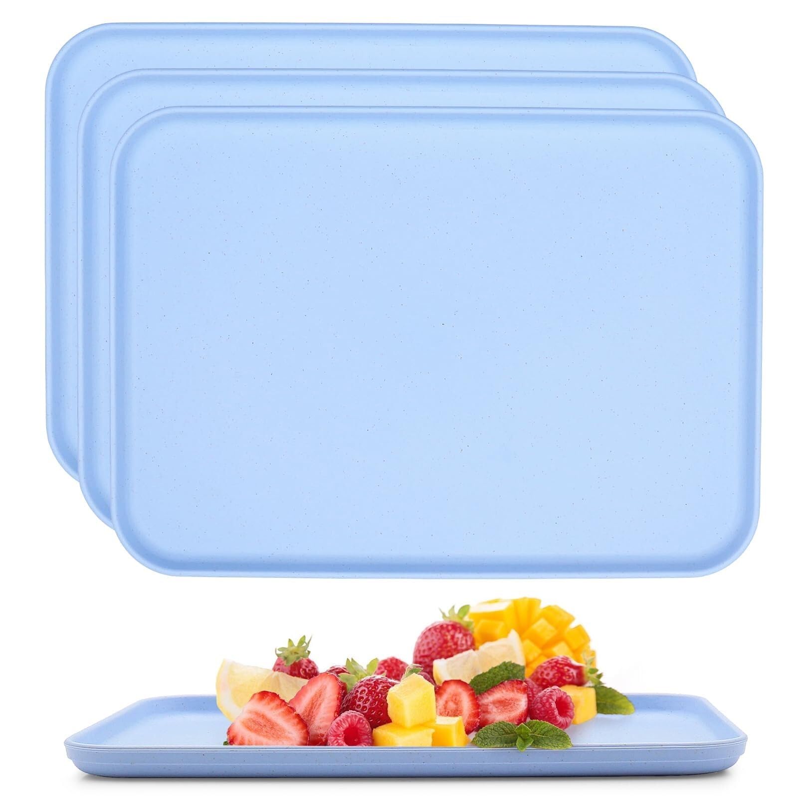 4 Pack Rectangular Plastic Trays for Kitchen, Drinks, Snacks, Tea, Coffee, Breakfast, Lightweight and Durable(Blue)
