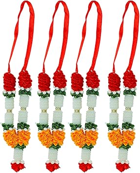 Set of 4 Red Orange Artificial Flowers Ribbon Garland Haar Mala for Small Idol-Mala for God, Pooja Sringar Articles Ornament Laxmi Ganesh Mala for Decorations Home Decor Size 4"