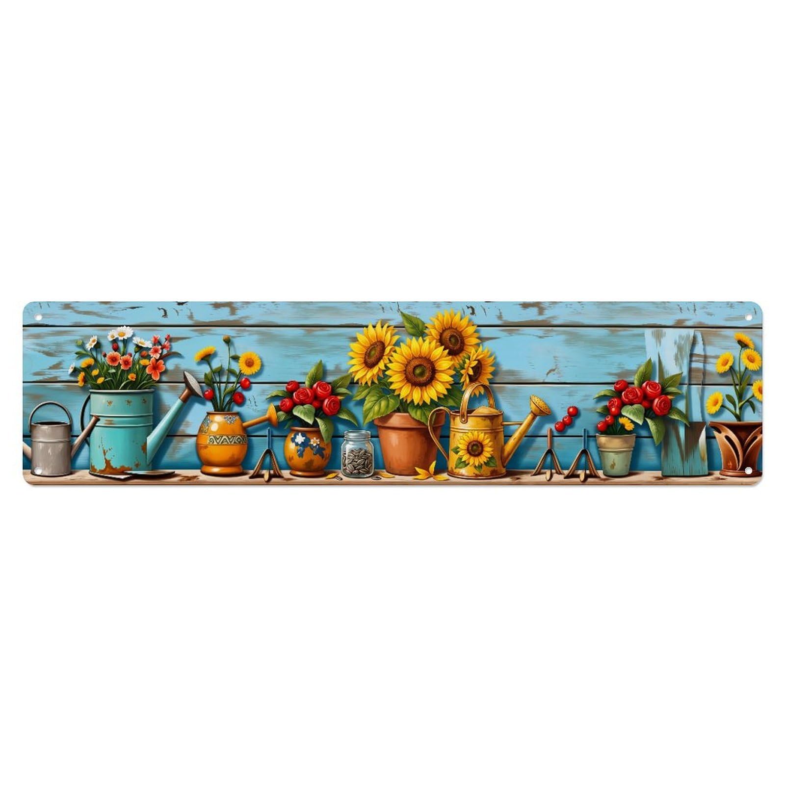 Fqnyr Style Metal Tin Sign Floral Garden Tools Sunflower Meadow Pattern Print