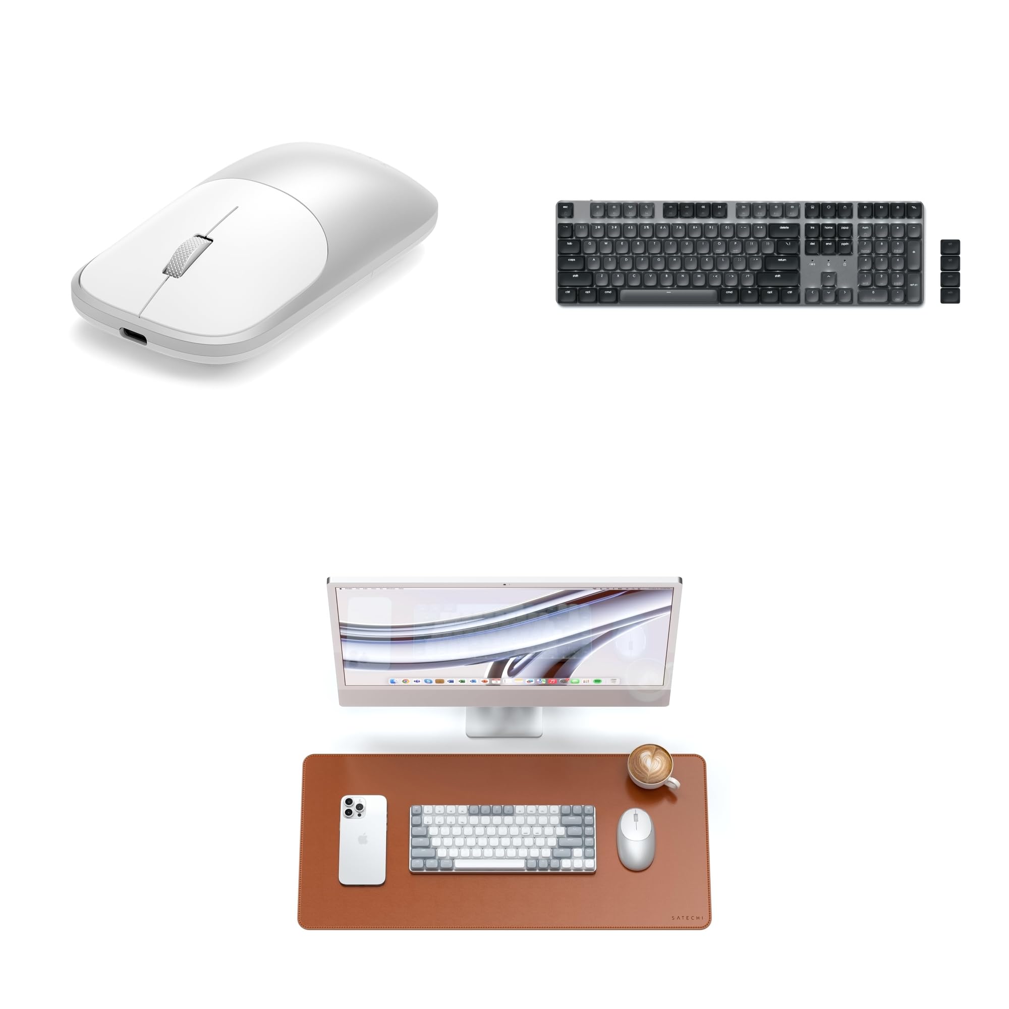 SATECHI Bundle Teclado Mecanico SM3 Full Size Bluetooth QWERTY US con Numpad Retroiluminado (Gris Oscuro Gris) Alfombrilla de Escritorio PU 68 x 31.5 cm y Raton Inalambrico Slim EX (Plata)