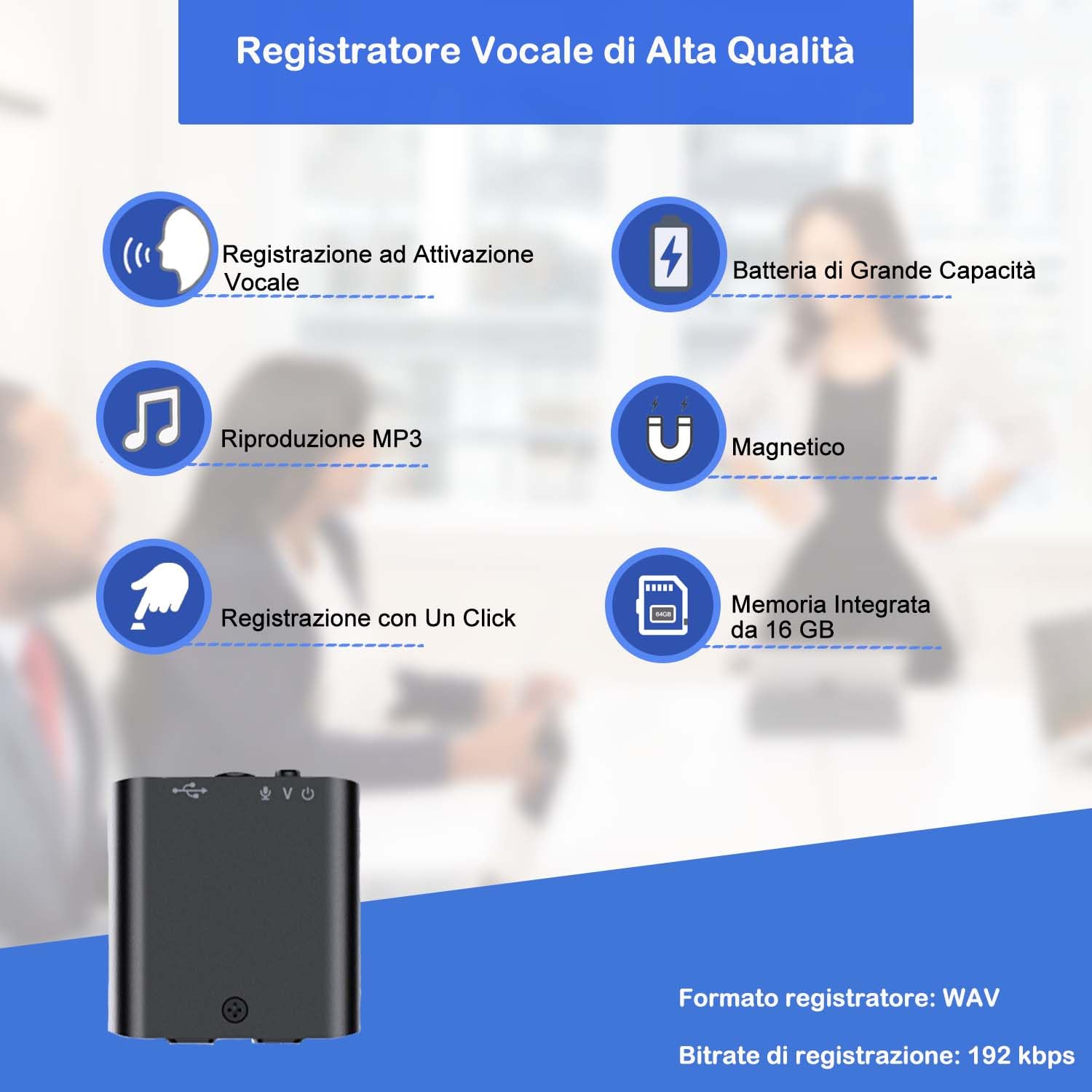 Registratore Vocale, 16GB Mini Registratore Vocale con Magnete Attivazione Vocale, Registratore Vocale Ricaricabile USB per Riunioni Interviste Lezioni