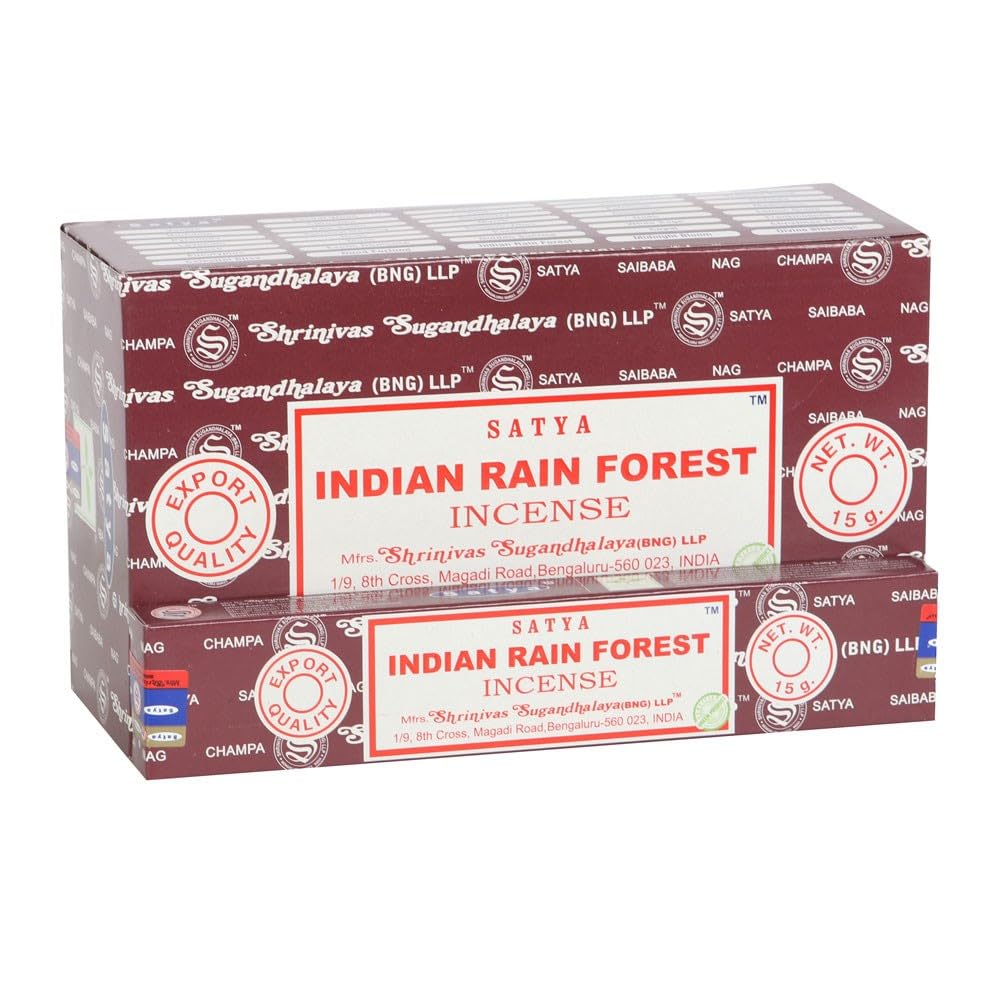 Satya Incense Sticks 12x15 gm per box. Genuine Massala Hand Rolled Product with 3 colour seal on the box (Indian Rain Forest)