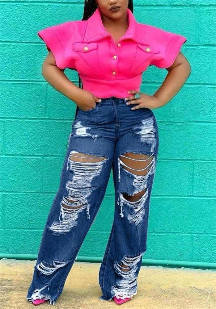 cu4eve Baggy Jeans for Woman Straight Boyfriend Flare Wide Leg High Waisted Distressed Ripped Denim Pants Y2k Trendy