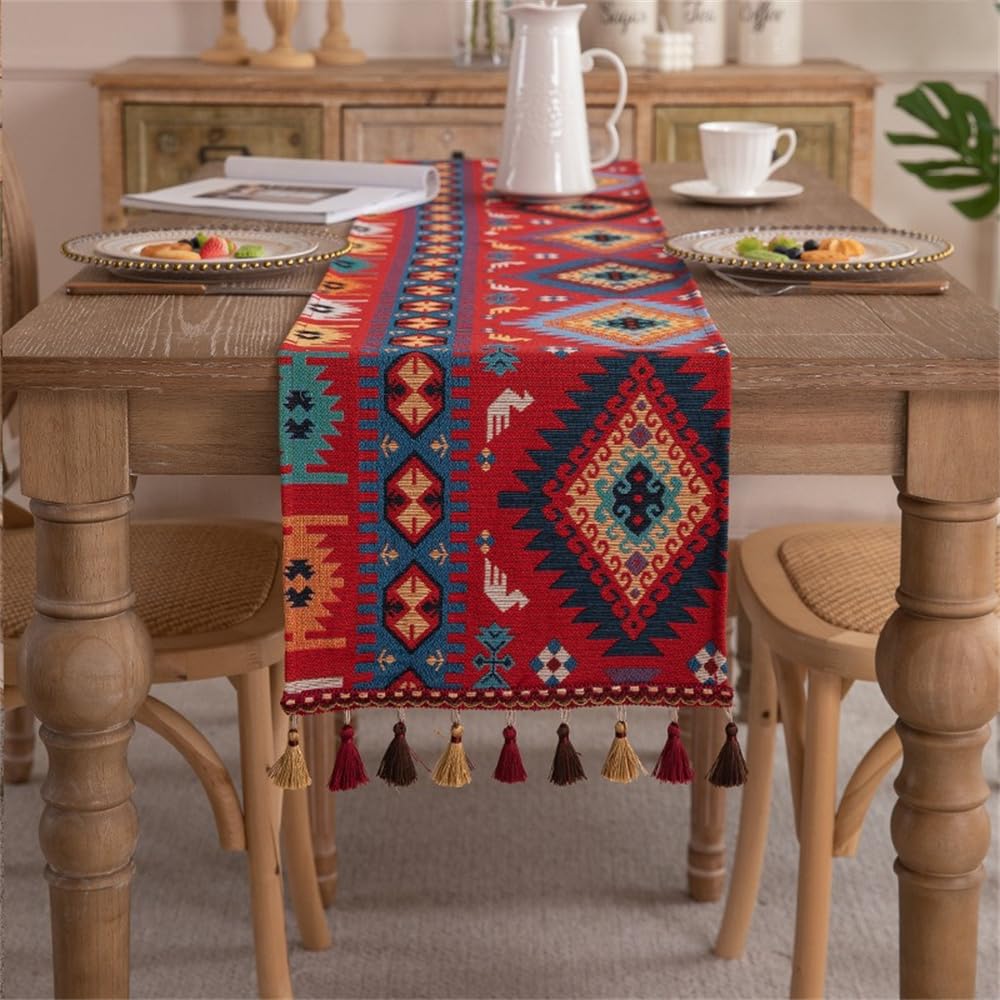 Clothfuna Bohemia Jacquard Table Runner, Vintage Boho Table Runner, Red and Blue Cotton Blend with Tassels for Dining Table Party Holiday Outdoor, 33x275 cm/ 13x108 inch
