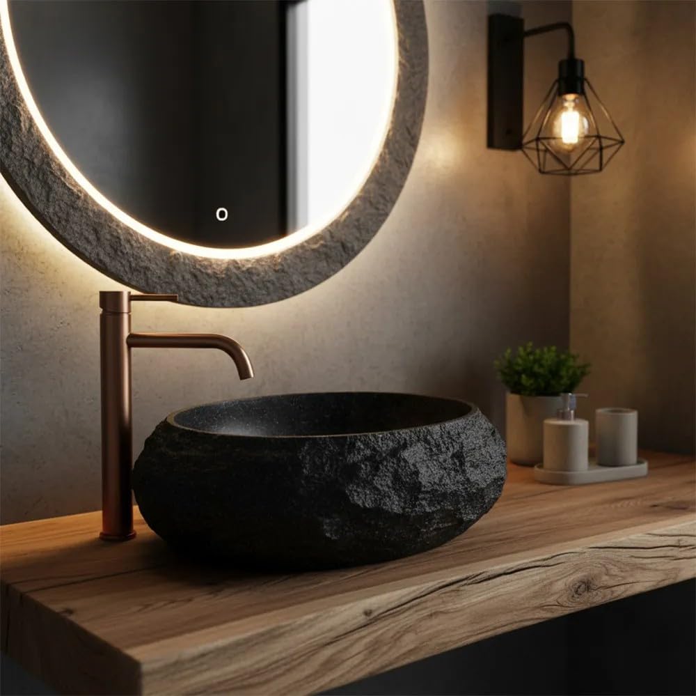 Rea - Lavabo sobre encimera Mika - Piedra Compuesta Artificial - Negro - 48x38x11,5 cm