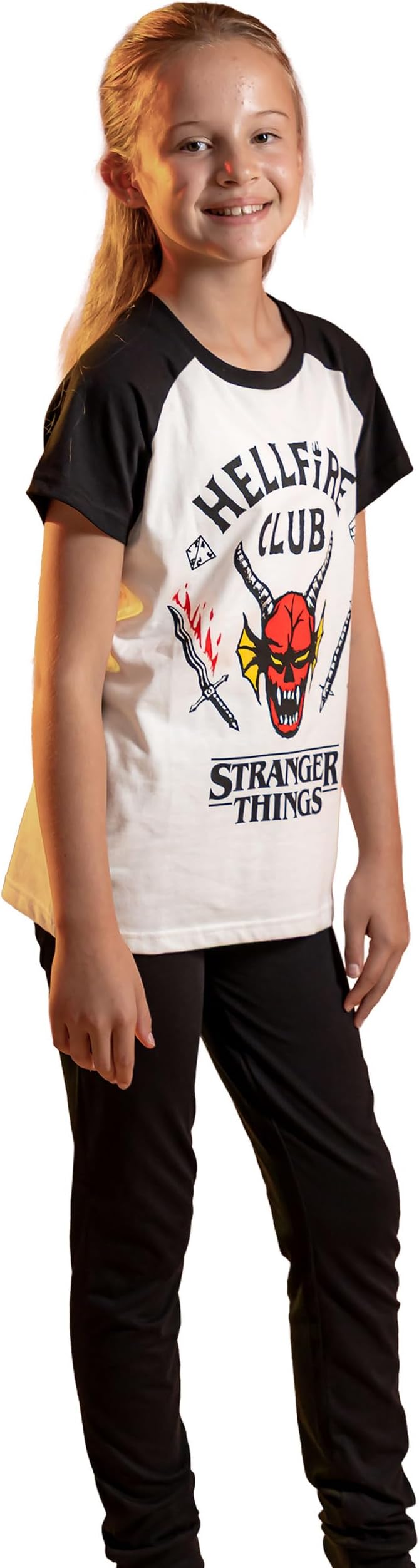Stranger Things Kids Pyjama Set | Hellfire Club Short Sleeve T-Shirt and Black Loungepants PJs For Boys & Girls | Eddie Eleven Mike Dustin Max Members | Co-Ord Nightwear Netflix Series Merchandise