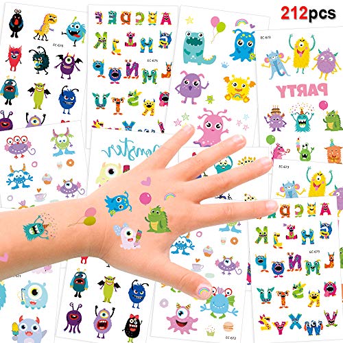 212 Assorted Halloween Kids Temporary Tattoo, Konsait Funny Colorful Monsters Temporary Tattoos for Children Boys Girls Kids Party Bag Filler and Gift for Halloween Party Favor Supplies Decoration