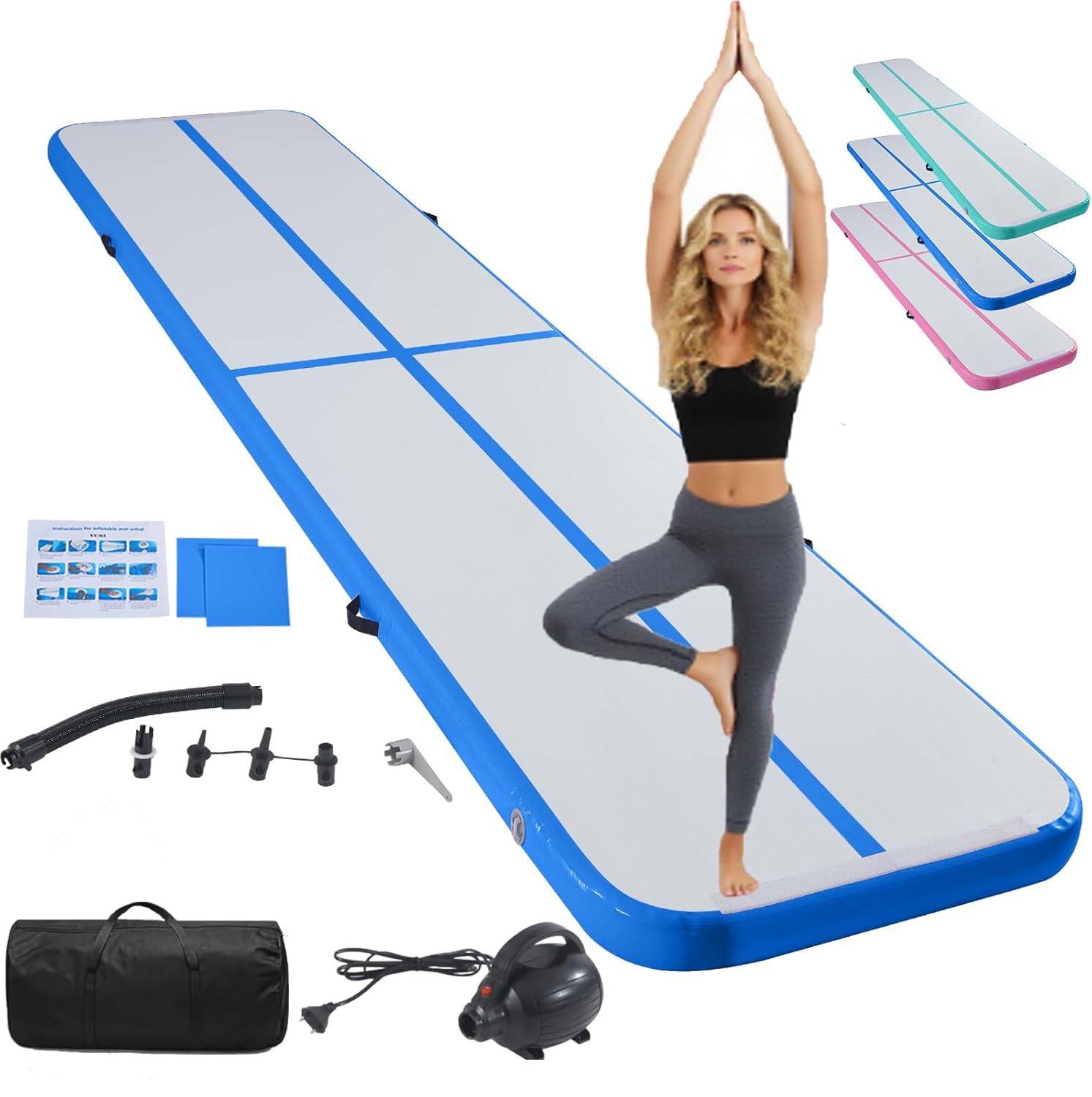 LSBIKE Inflatable Tumble Track Gymnastics Mat, 3m/4m/5m/6m Air Mat with Pump, Portable Air-Filled Tumbling mat for Home, Cheer, Yoga, Kids & Adults – Non-Slip & Waterproof (Blue, 4m/13ft)