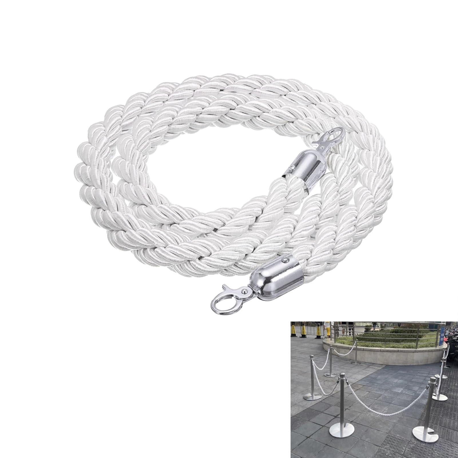 Corde per il controllo della folla, barriere di sicurezza in corda bianca da 1,2 m, 1,5 m, 1,8 m, paletti intrecciati con moschettone argentato, decorazioni da appendere per matrimoni/feste,