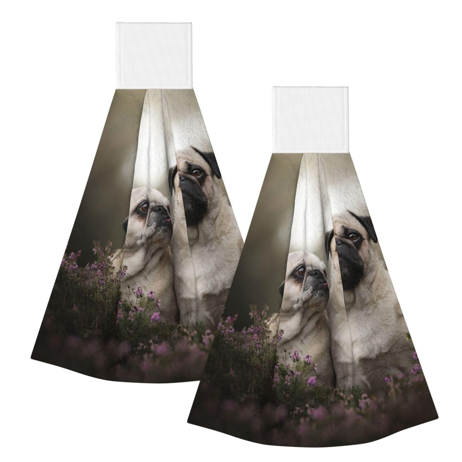 DOPKLNA Pug Dogs Family Bokeh Mother And Cub Dogs Pets, 2 Pcs Hanging Coral Fiber Hand Towels for Bathroom, Absorbent Kitchen Towels