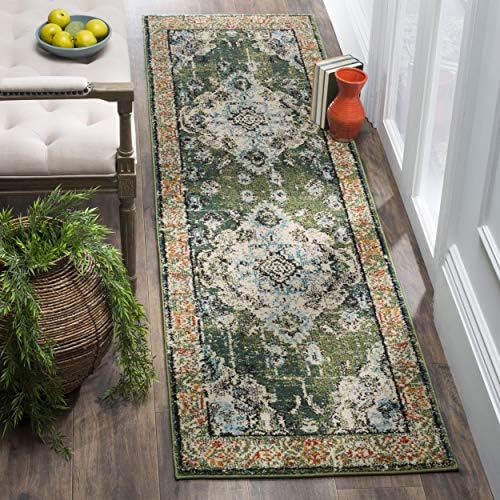 SAFAVIEH Monaco Collection 2'2" x 8' Forest Green/Light Blue MNC243F Boho Chic Medallion Distressed Non-Shedding Living Room Entryway Foyer Hallway Bedroom Runner Rug