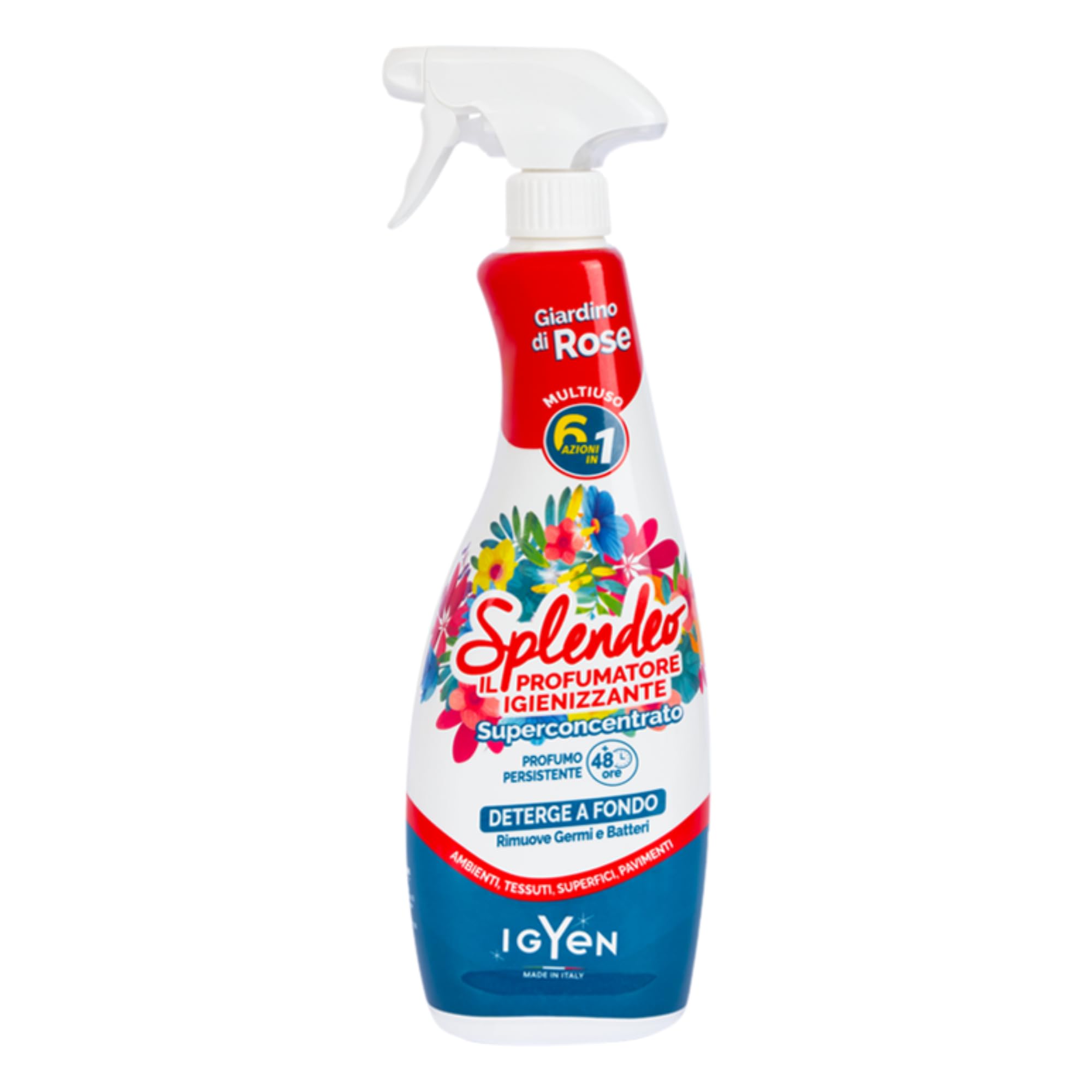 Detergente Multiuso Spray, Il Profumatore Igienizzante Superconcentrato, GIARDINO DI ROSE. Deterge a Fondo, Rimuove Germi e Batteri, 48h Di Pulito Profumato 750ml (6 Spray)