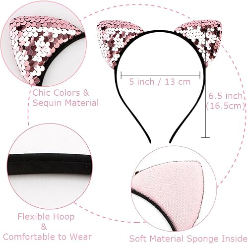 Miniatura 5 de Diadema reversible con orejas de gato, con lentejuelas brillantes, para niñas y mujeres, 6 unidades
