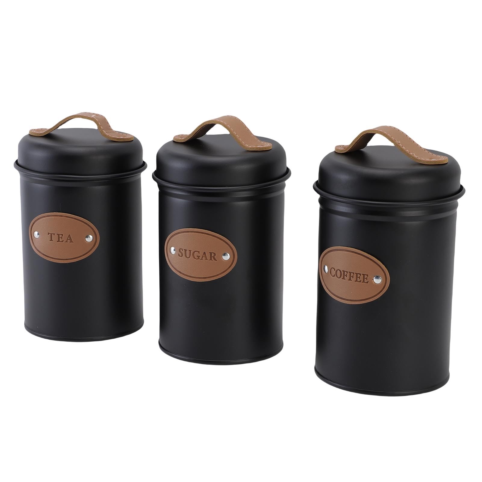 Walfront Set Barattoli Sigillati Barattolo per caffè in Ferro 3 Pezzi 15,5 X 10,4 Cm con Coperchi con Manico Ed Etichette Distintive per tè, caffè, Zucchero, Farina, Bancone della, Dispensa (BLACK)