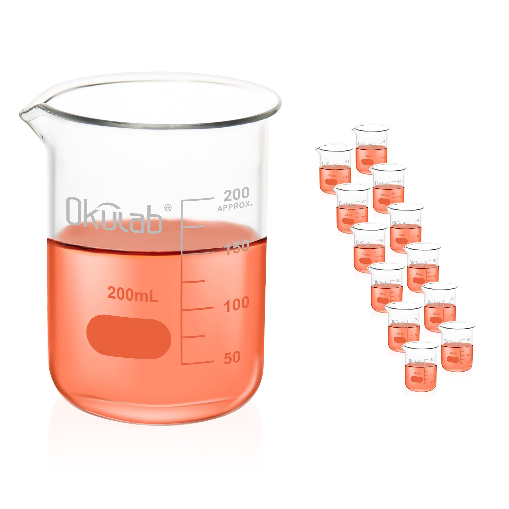 BKLG200A12 - Set di bicchieri in vetro borosilicato da 200 ml, a forma bassa, graduato 3,3 (caso di 12) per laboratorio, aula, artigianato, cucina, BKLG200A12