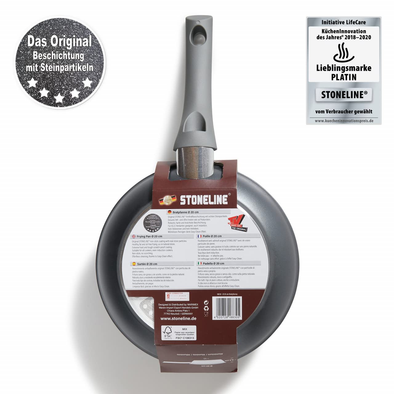STONELINE GOURMUNDO Sartén Antiadherente 20 cm Sartén Inducción MADE IN GERMANY Revestimiento Antiadherente con Partículas de Piedra Reales, Todo Tipo de Cocinas, Cocinar Sin Grasa