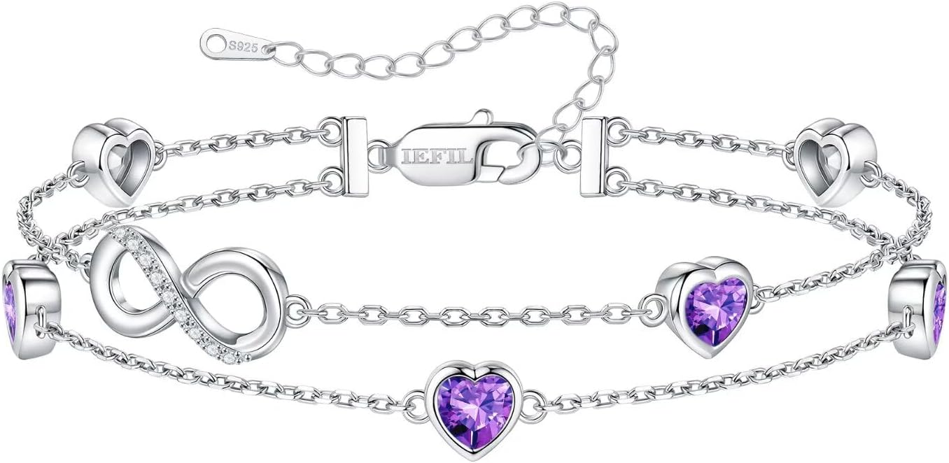 Iefil Birthstone Bracelets for Women - 925 Sterling Silver Infinity Heart Birthstone Charm Link Bracelet, Anniversary Birthday Gifts for Women Wife Mom Girlfriend Daughter, 6"+2"