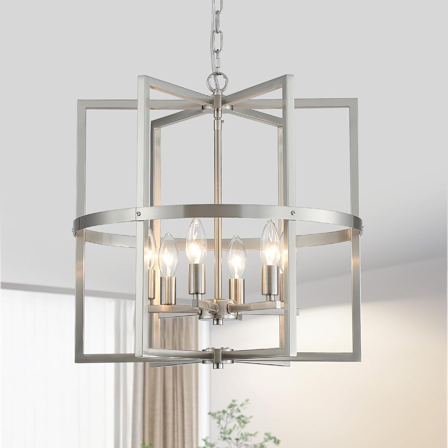 Brushed Nickel Chandelier 6-Light, Dining Room Light Fixture Geometric Metal Modern Chandelier Lighting for Kitchen Island Living Room Entryway, 18 Inch Pendant Hanging Ceiling Lamp