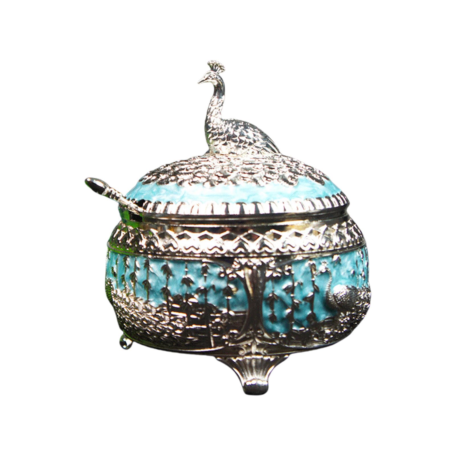 Nucelit Peacocks Themed Alloy Sugar Container with Lid and Spoon Elegant Alloy Candy Jar Kitchen Sugar Canister for Household Decorative Container