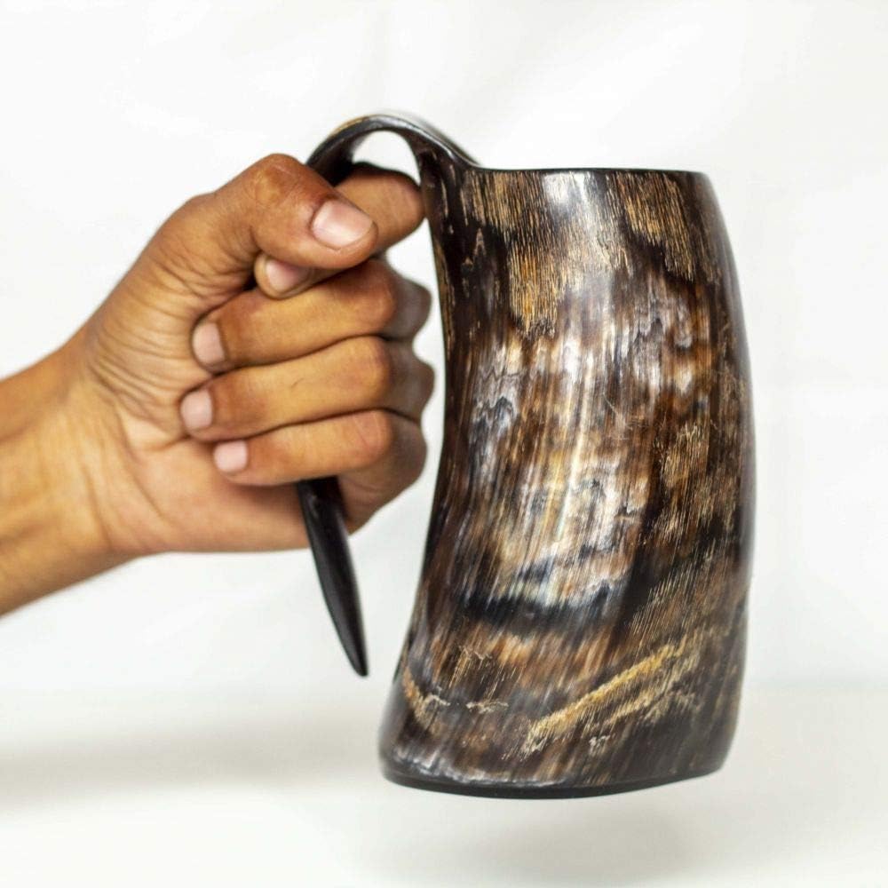 Genuine 25 oz. Large 6 inches Viking Beer Mug with Handles Mead Handmade Valhalla Drinking Cup Horn Mugs Game of Thrones tankard Stand Smell Proof for Guys Men