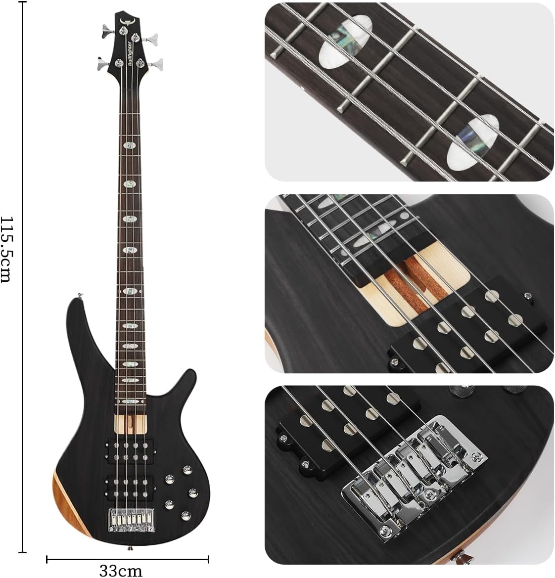 Bullfighter Elem Electric Bass Guitar 4 Strings Full Size Solid Body Bass Kit Black for Starter with Gig Bag, Guitar Strap, and Bass Guitar Cable DB Bass