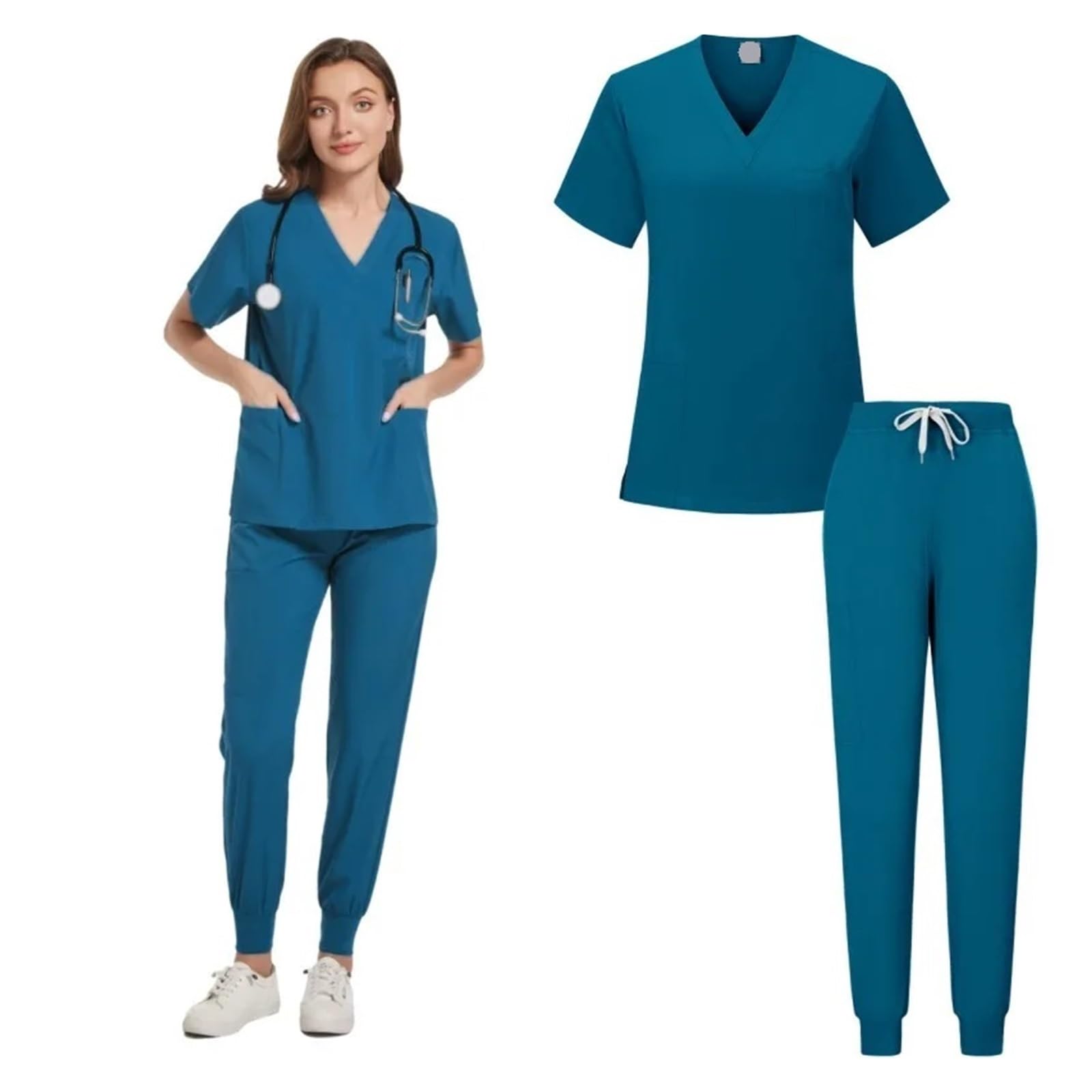 Medizinische Arbeitskleidung Damen Krankenschwester Uniformen Frau Kurzarm V-ausschnitt Top Scrubs Jogger Hosen Scrubs Set Frauen Sommer Casual Uniformes FüR Beauty Salon Klinik Krankenhaus(Blue,M)