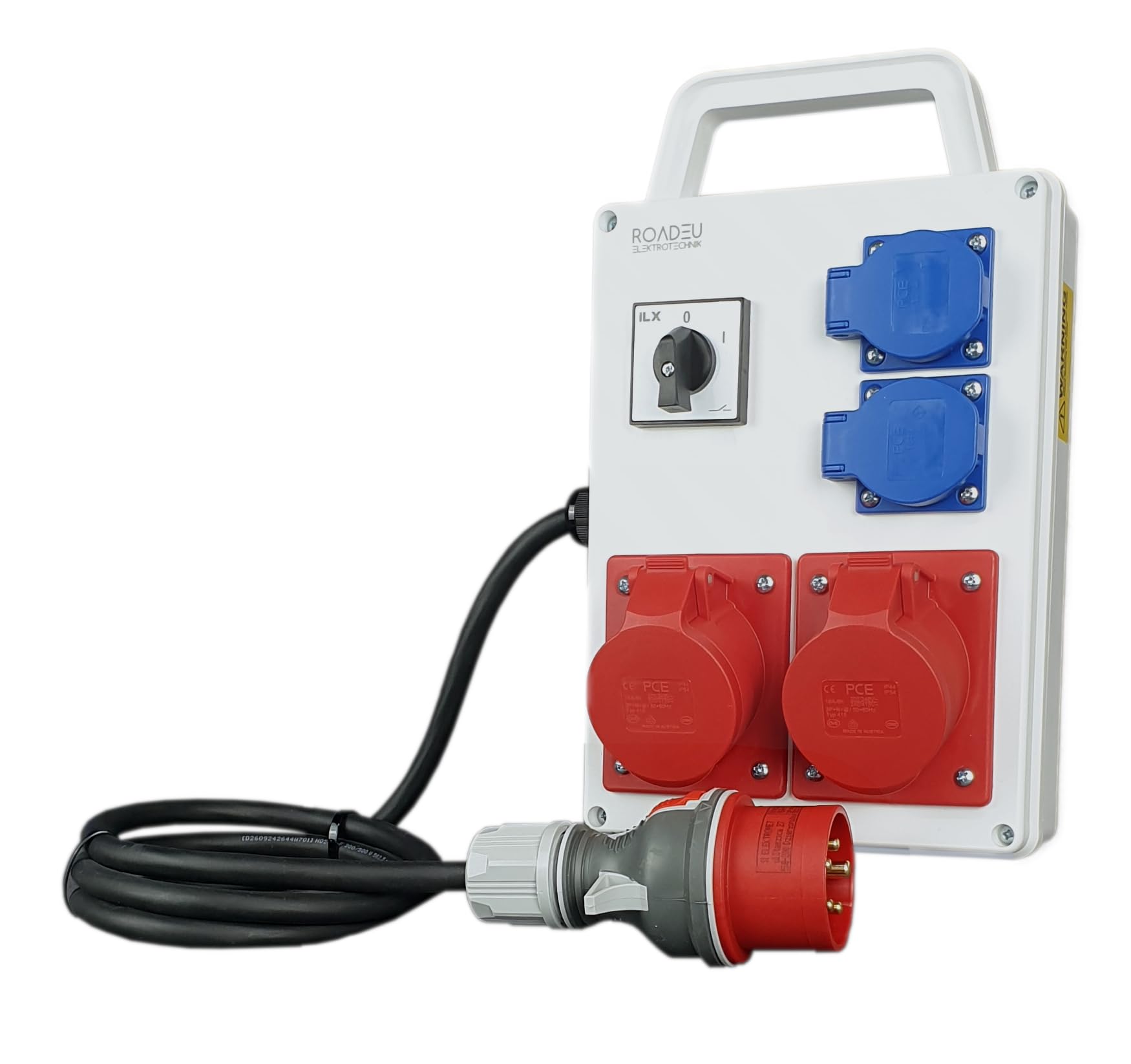 RoadEu - Portátil Distribuidor de corriente 16A con interruptor principal 0-1. 2x enchufes CEE 16A - con 2x enchufes Schuko de 230V. Regleta 1m. IP44 Ideal para Taller, Cobertizo y Fábricas
